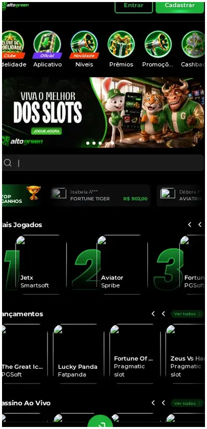 Página inicial mobile do Alto Green, lobby de jogos com tiles "Jetx", "Aviator", "Fortune" e navegação inferior, 19.10.2026