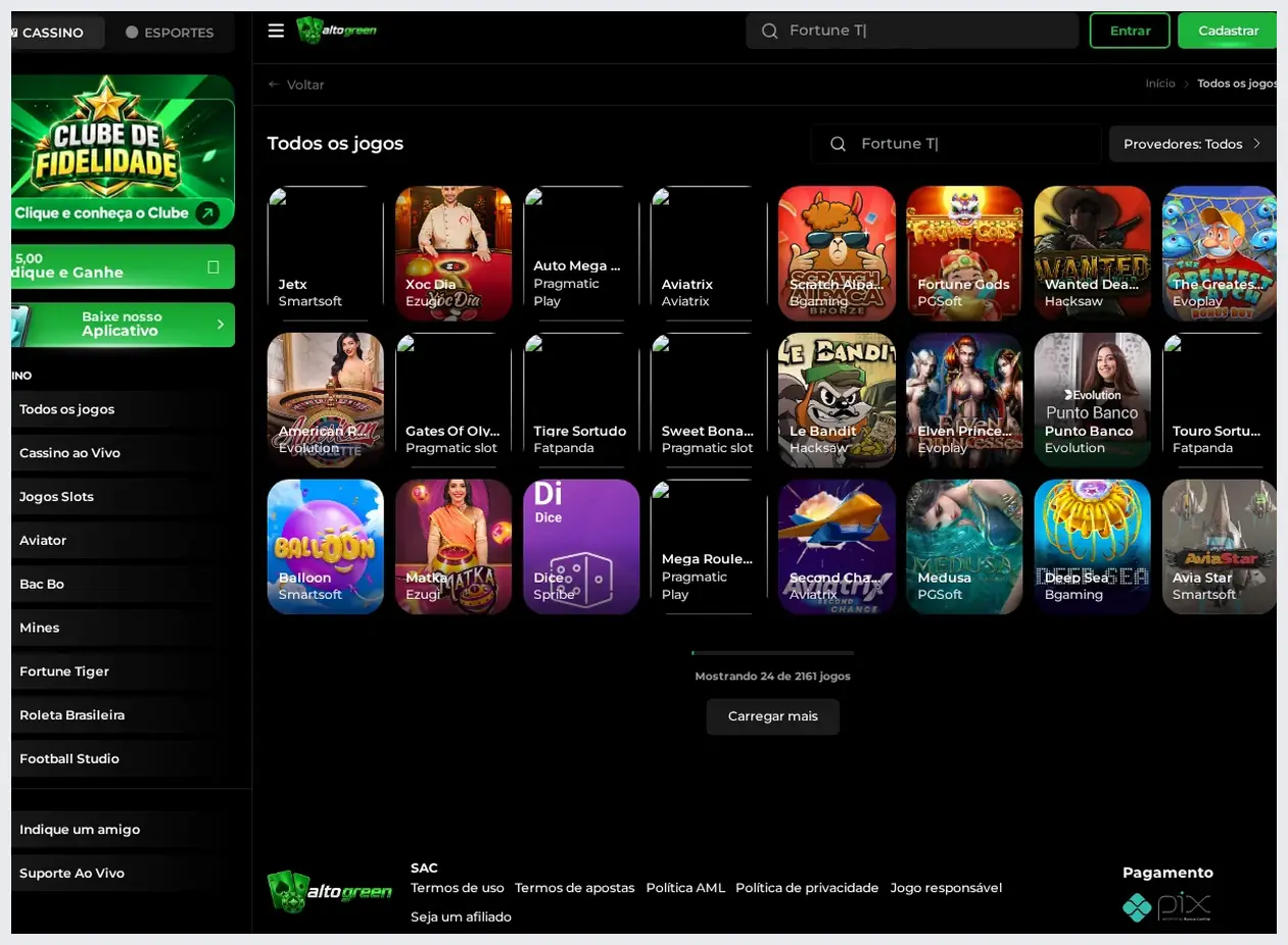Lobby de jogos do Alto Green casino, grade de 24 cards de jogos com cabeçalho "Todos os jogos", 19.10.2026