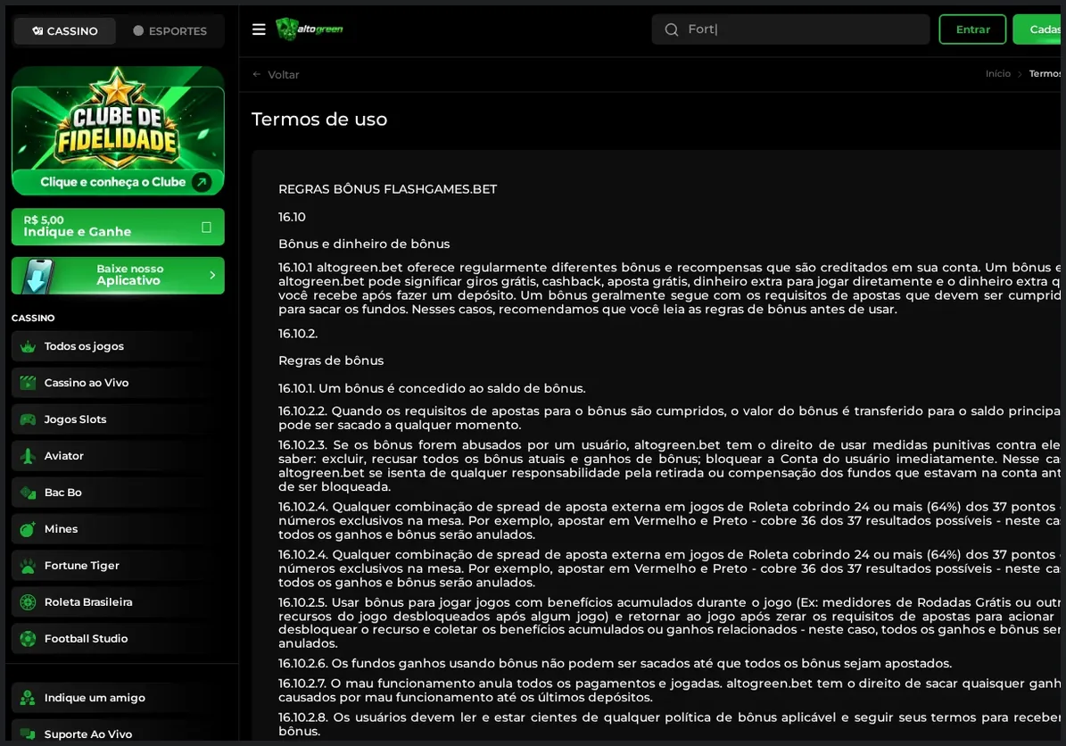 Página Termos de Uso do Alto Green, cabeçalho "Termos de uso" com menu de seções legais na barra lateral, 19.10.2026