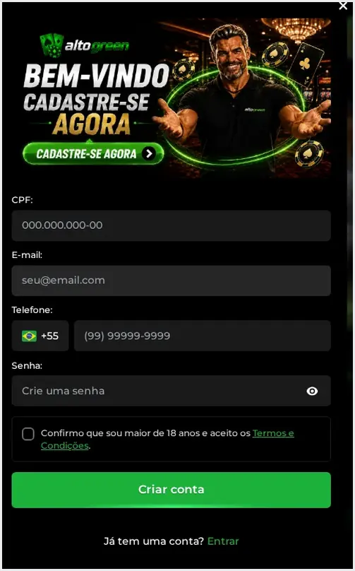 Formulário de registro do Alto Green, botão "Criar conta", 19.10.2026