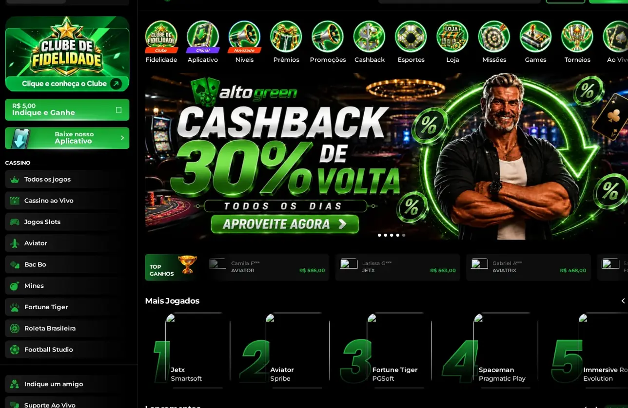 Página inicial do Alto Green Casino, banner hero "Cashback 30% de Volta" com botão de chamada para ação, 19.10.2026